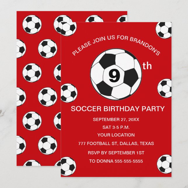 Invitación 9.ª fiesta de cumpleaños Fútbol Red Boys Sports (Anverso / Reverso)