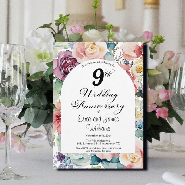 Invitación 9.º Aniversario Boda Elegante Script Floral (Subido por el creador)