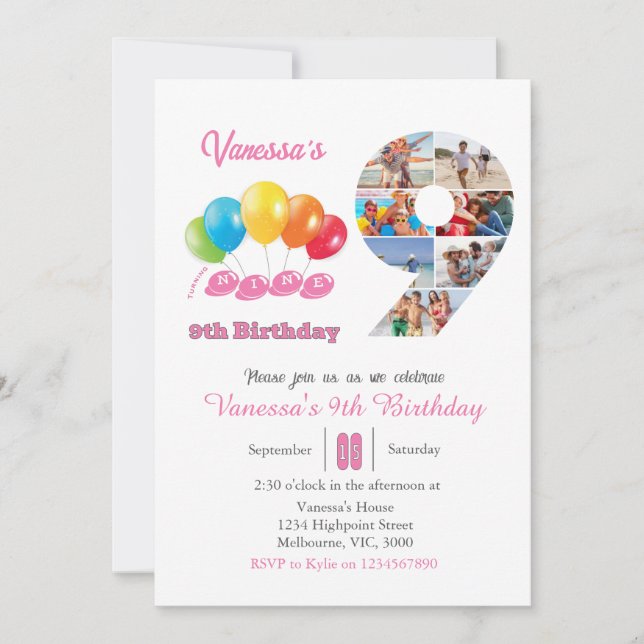 Invitación 9.º Chica del collage de fotos de cumpleaños númer (Anverso)