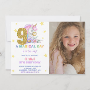 Invitación 9.º cumpleaños de Unicornio floral con foto