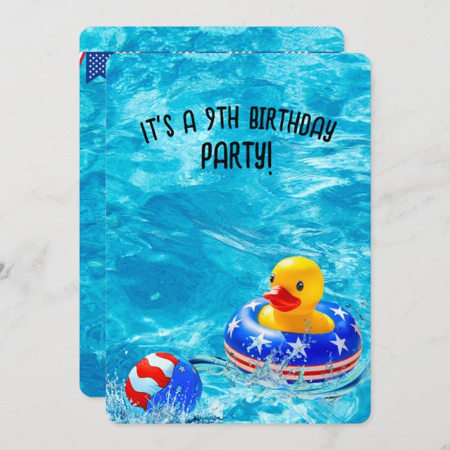 Invitación 9.º Fiesta de la piscina de cumpleaños con pato am (Anverso / Reverso)