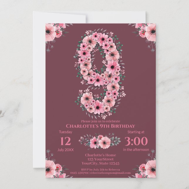 Invitación 9.º Gran Chica de Cumpleaños Flores Rosa Foliage V (Anverso)