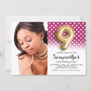 Invitación 9.º retrato de Polkadot de cumpleaños