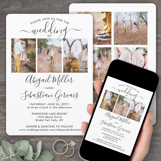 Invitación 9 Collage de fotos Elegante Boda de caligrafía mod (Subido por el creador)