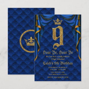 Invitación 9 cumpleaños Fiesta Royal Azul Dorado Corona