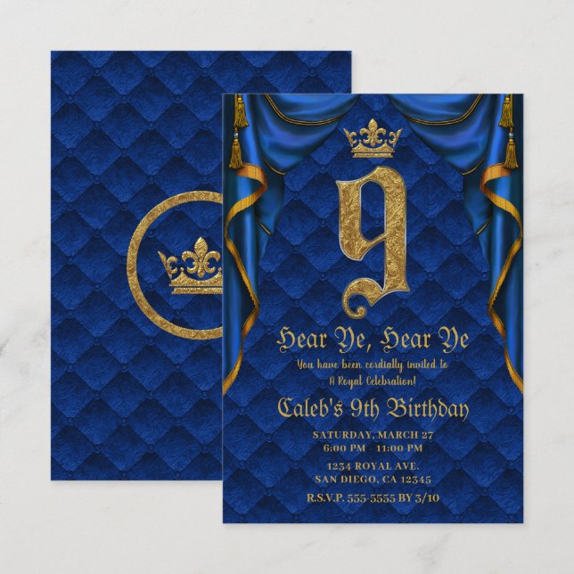 Invitación 9 cumpleaños fiesta Royal Blue Gold Crown    (Anverso / Reverso)