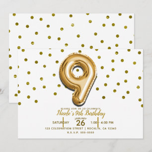Invitación 9 Nueve Globos de Confeti de Oro Novena Fiesta de 