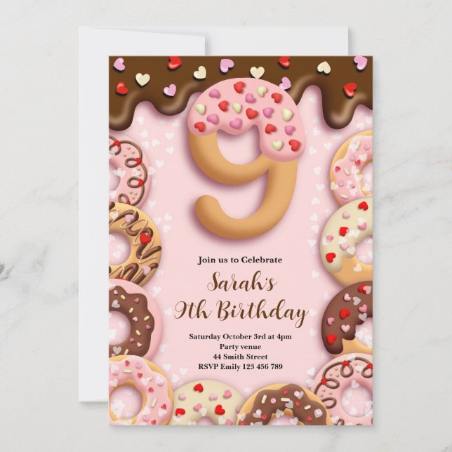 Invitación 9th Donut Birthday Girls Invitation (Anverso)