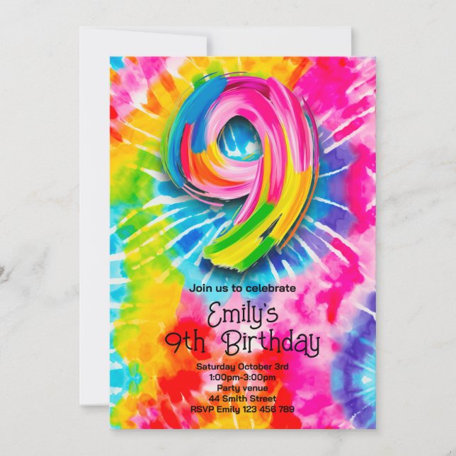 Invitación 9th Tie Dye Birthday (Anverso)