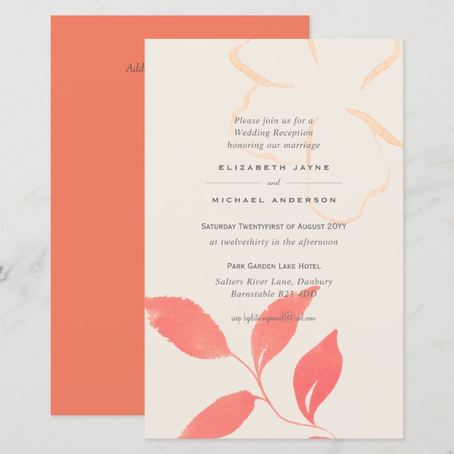 Invitación A9 A para matrimonio de hoja de coral (Anverso / Reverso)