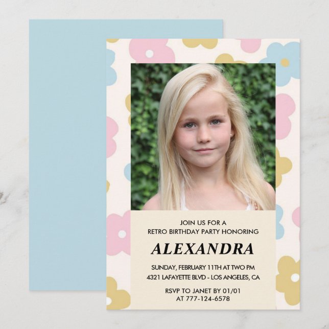 Invitación a 12 años Retro Groovy Flowers Cute (Anverso / Reverso)