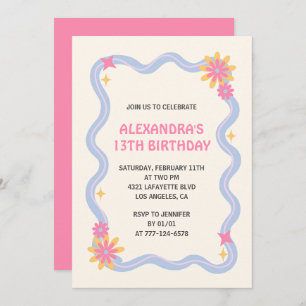 Invitación a 13 años Retro Groovy Flores Rosadas
