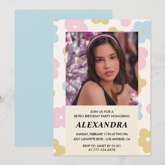 Invitación a 14 años Retro Groovy Flowers Cute (Anverso / Reverso)