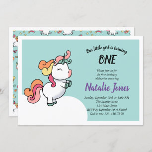 Invitación a 1er cumpleaños. Unicornio y pastel