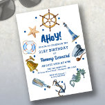 Invitación a 21º cumpleaños de verano náutico 2024<br><div class="desc">Las invitaciones de cumpleaños con temática náutica son un tema candente para el verano de 2024. Este diseño original es perfecto para un fiesta de 21 años. Incluye elementos de vela como una rueda de barcos, campana de barcos y ancla. Temas oceánicos como una estrella de mar y caballito de...</div>