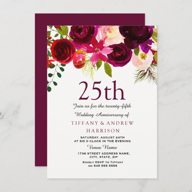 Invitación a 25° aniversario de Boda con flores de (Anverso / Reverso)