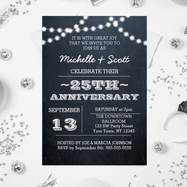 Invitación a 25 años de Chalkboard Lights Silver (Subido por el creador)