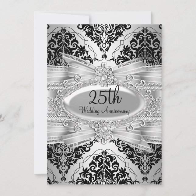 Invitación a 25 años de Silver Black Damask & Bow (Anverso)