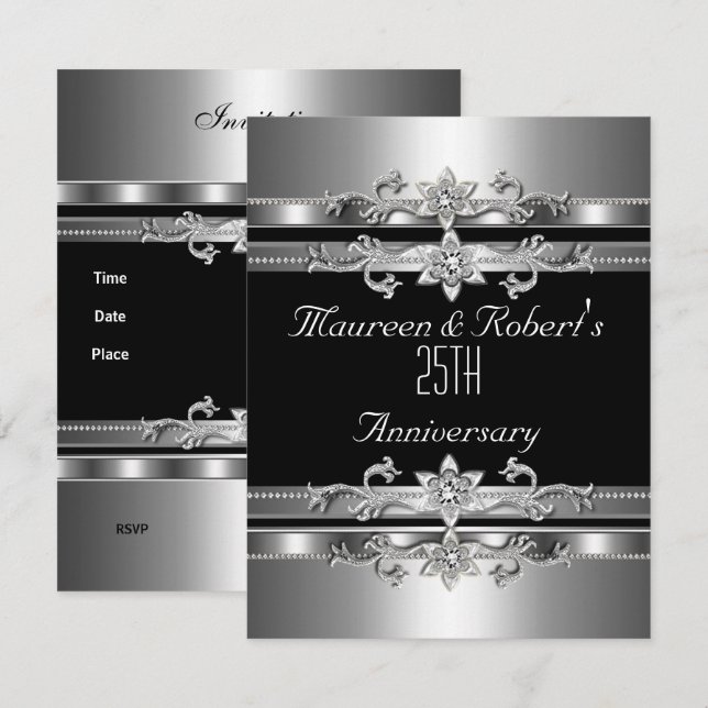 Invitación a 25 años Elegante plata negra (Anverso / Reverso)