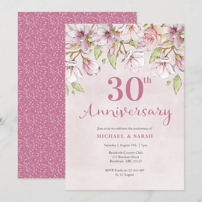 Invitación a 30 años Floral rosa (Anverso / Reverso)