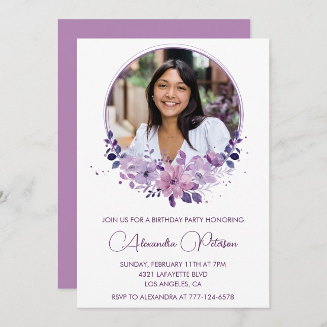 Invitación a 35 años Foto Elegante Boho morado (Anverso / Reverso)