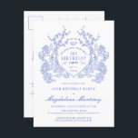 Invitación a 40º Escudo Floral Azul de cumpleaños<br><div class="desc">Un elegante escudo floral azul vintage francés ocupa el centro del escenario en esta invitación de cumpleaños intemporal. Ornate,  formal y muy femenina harán que cualquier dama de cumpleaños se sienta muy especial. Se dispone de suministros de fiesta de coordinación.</div>