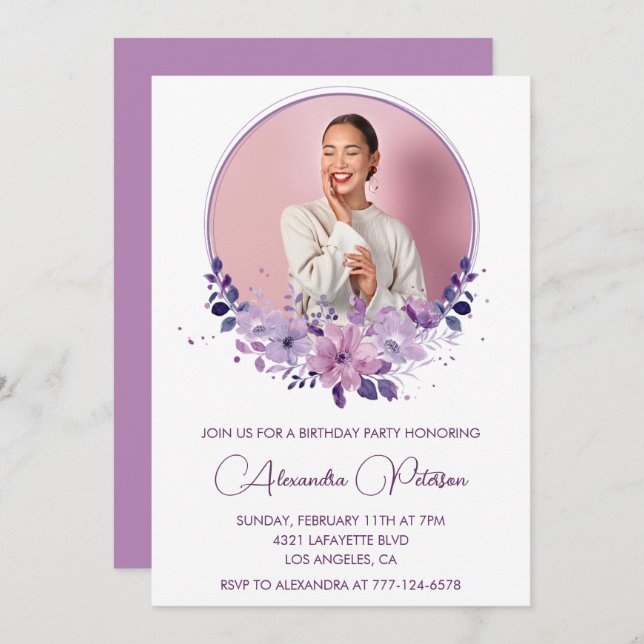 Invitación a 40 años Foto Elegante Boho púrpura (Anverso / Reverso)