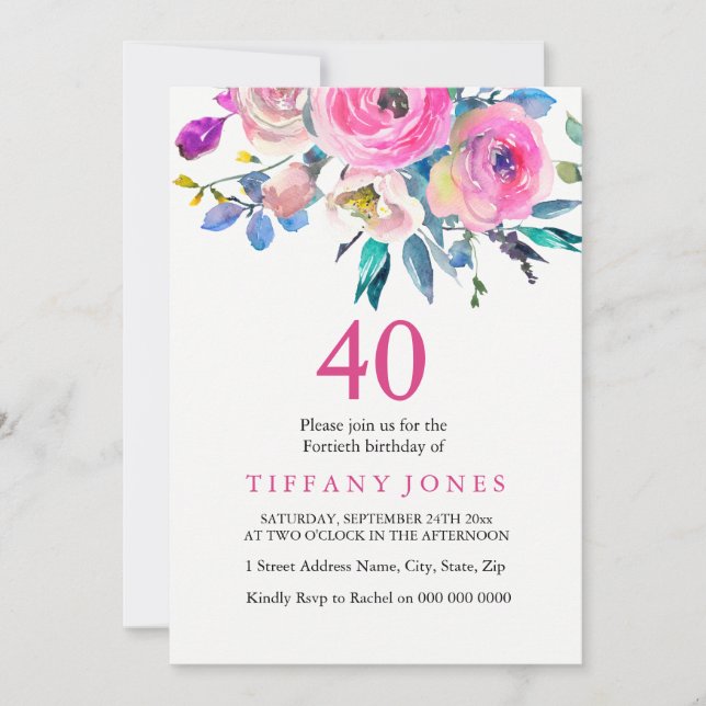 Invitación a 40 Fiesta de cumpleaños con flores co (Anverso)