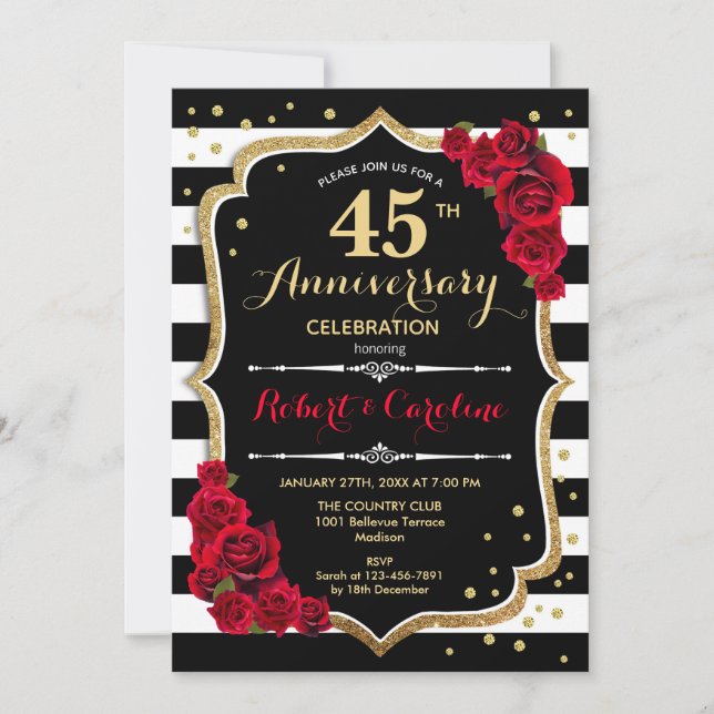 Invitación a 45 años - Blanco negro de oro rojo (Anverso)