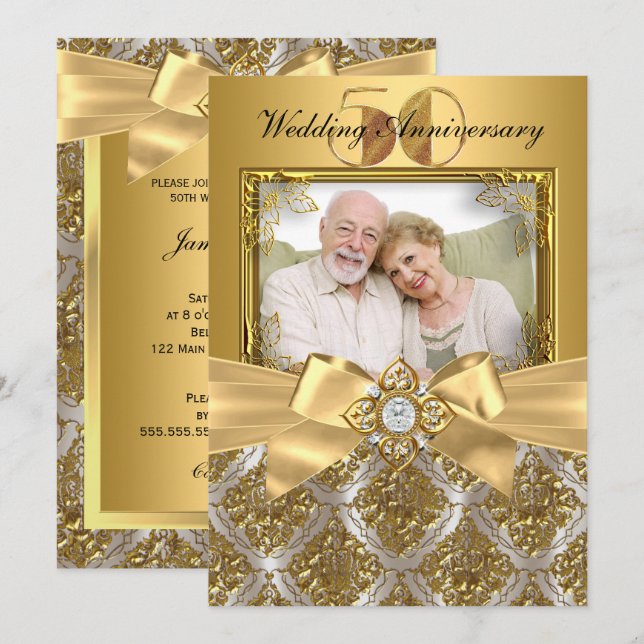 Invitación a 50 años de Damask & Bow Photo Gold (Anverso / Reverso)