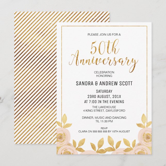 Invitación a 50 años de Floral Faux Gold (Anverso / Reverso)
