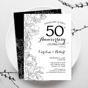 Invitación a 50 años - Floral blanca negra