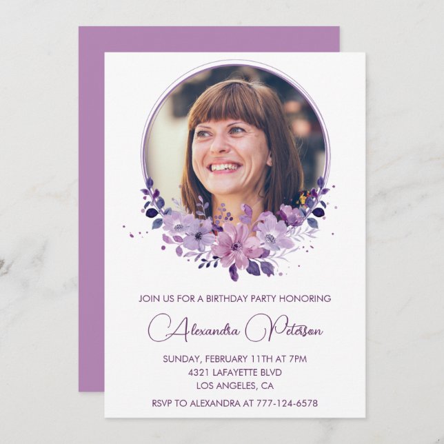 Invitación a 50 años. Foto Elegante Boho morado (Anverso / Reverso)