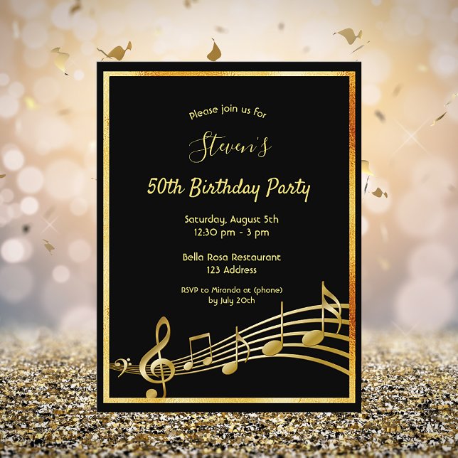 Invitación a 50 cumpleaños con notas de oro negro (Subido por el creador)