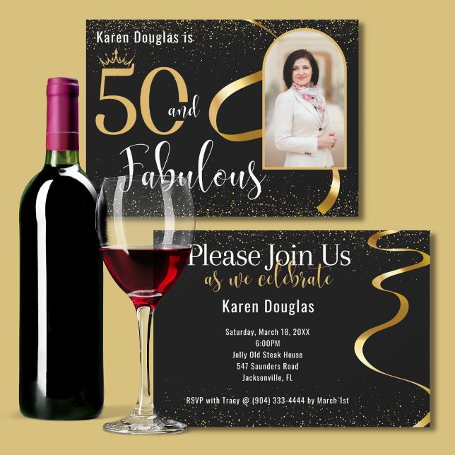 Invitación a 50 y Fabulous Gold y Black Photo Fies (Subido por el creador)