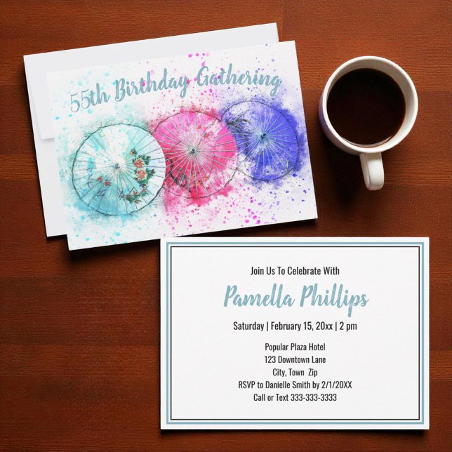 Invitación a 55 cumpleaños de cócteles Tropical Um (Colorful drink umbrella template invitation)