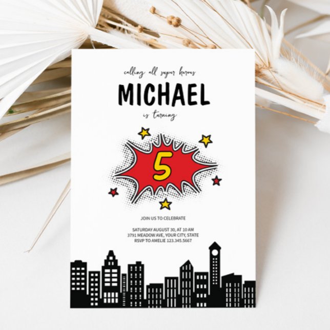 Invitación a 5 cumpleaños de superhéroe dinámico (Subido por el creador)