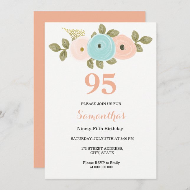 Invitación a 95º cumpleaños de Floral Bonito Peach (Anverso / Reverso)
