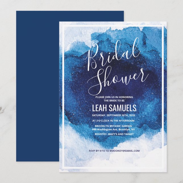 Invitación a acuarela azul con ducha de novia (Anverso / Reverso)