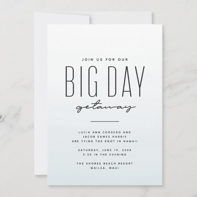 Invitación a acuarela azul de boda de destino (Anverso)