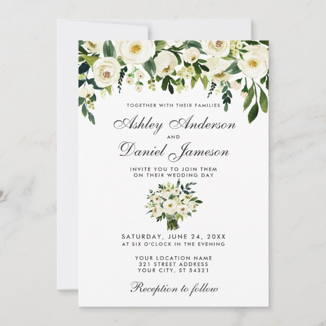 Invitación a acuarela blanca verde floral boda (Anverso)