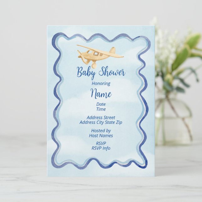Invitación a acuarela de Baby Shower para avión (Anverso de pie)