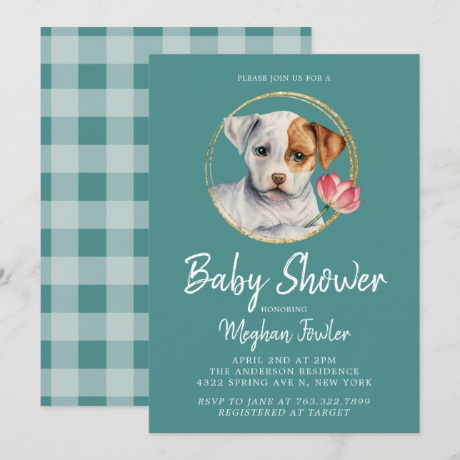 Invitación a acuarela de Baby Shower para perros c (Anverso / Reverso)
