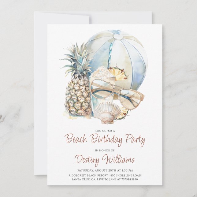 Invitación a acuarela de Beach Bachelorette Party (Anverso)