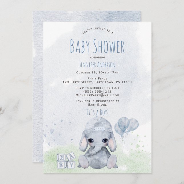 Invitación a acuarela de Blue Elephant Boy (Anverso / Reverso)