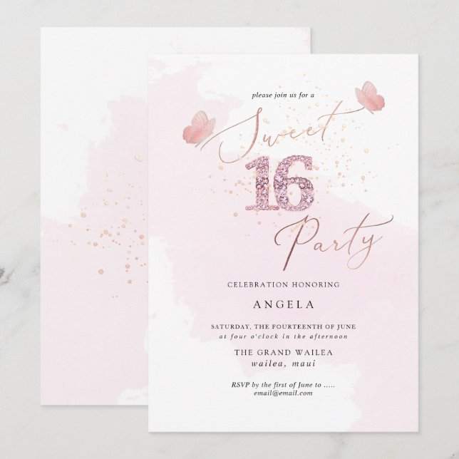 Invitación a acuarela de dulce 16 mariposas de dia (Anverso / Reverso)