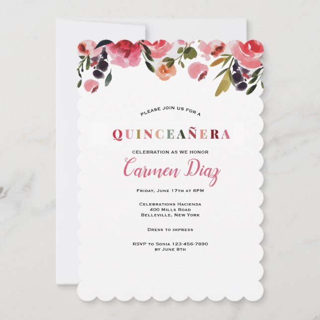 Invitación a acuarela de Quinceañera (Anverso)