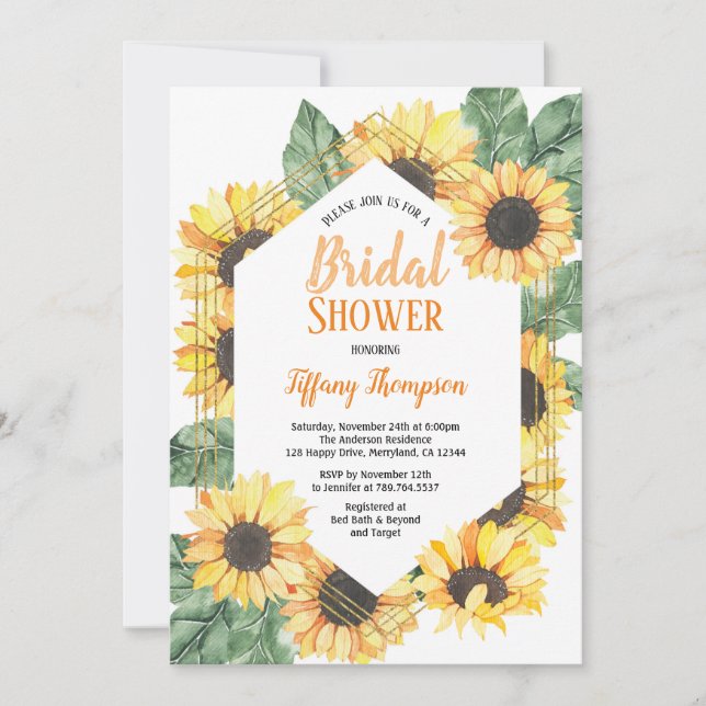 Invitación a acuarela de Sunflower Bridal Shower (Anverso)