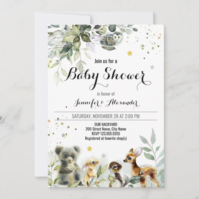 Invitación a acuarela de Woodland Baby Shower (Anverso)