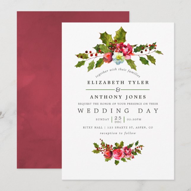 Invitación a acuarela del Boda navidad Floral Holl (Anverso / Reverso)